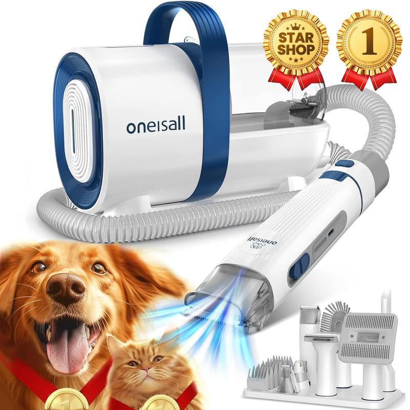 Oneisall Professional Pet Grooming Vacuum and Clipper Set with Nail Grinder, 1.5L Dust Collection Capacity, and 7 Essential Grooming Tools