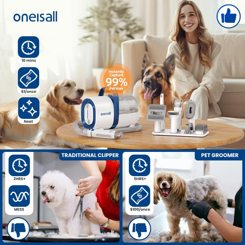 Oneisall Professional Pet Grooming Vacuum and Clipper Set with Nail Grinder, 1.5L Dust Collection Capacity, and 7 Essential Grooming Tools