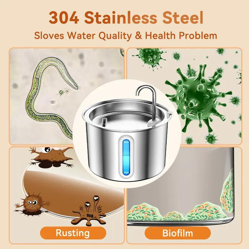 Oneisall Cat Water Fountain 304 Stainless Steel, 2L/67Oz Automatic Water Fountain for Cats Inside, 3 Replacement Filters & Visual Water Level Window with Led/Pet