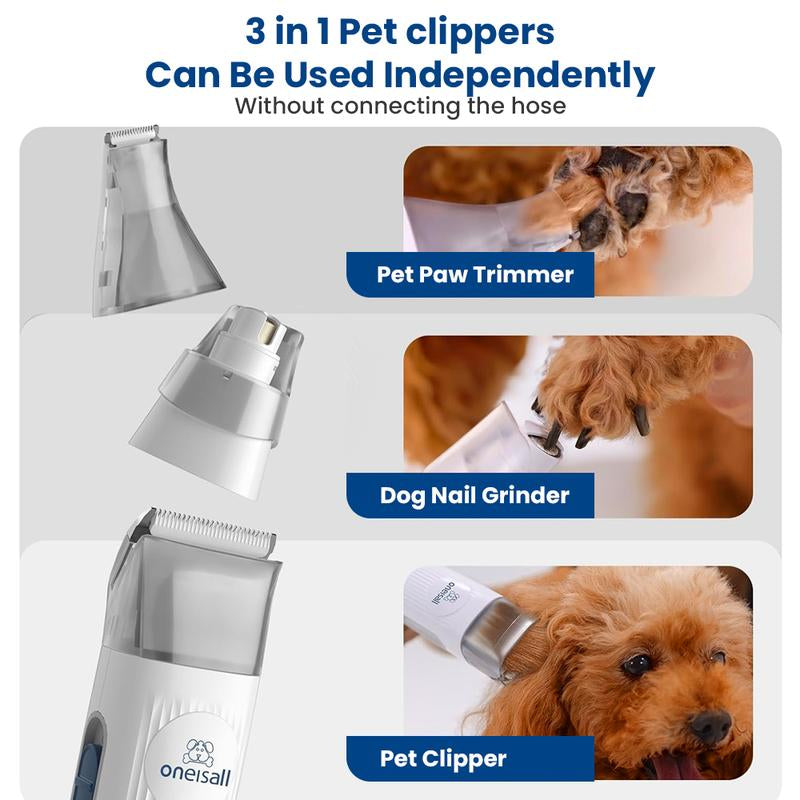 Oneisall Professional Pet Grooming Vacuum and Clipper Set with Nail Grinder, 1.5L Dust Collection Capacity, and 7 Essential Grooming Tools