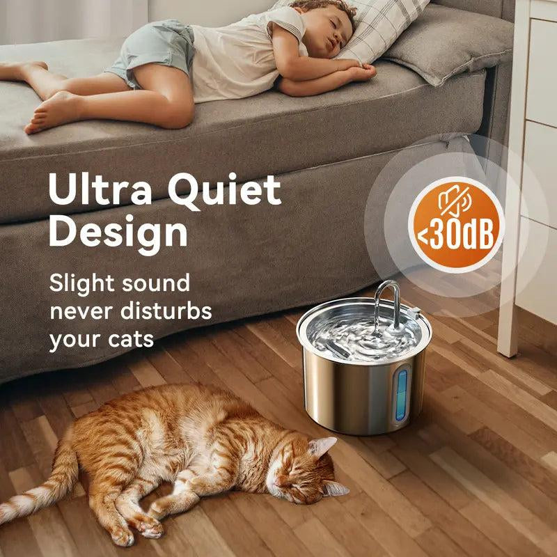 Oneisall Cat Water Fountain 304 Stainless Steel, 2L/67Oz Automatic Water Fountain for Cats Inside, 3 Replacement Filters & Visual Water Level Window with Led/Pet
