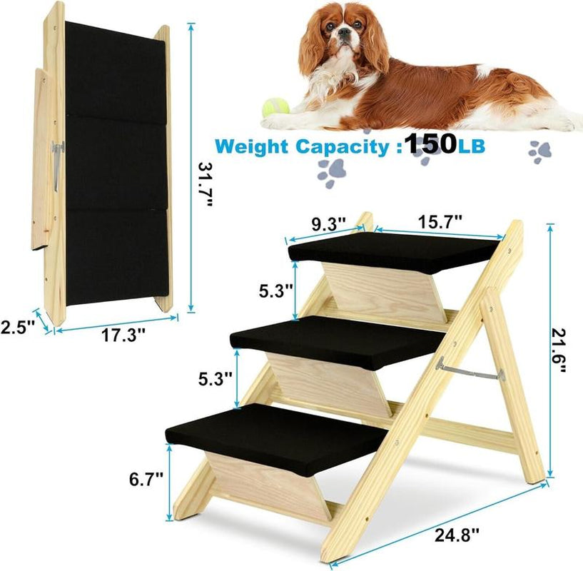 Wood Pet Stairs/Pet Steps - Foldable 3 Levels Dog Stairs & Ramp Perfect