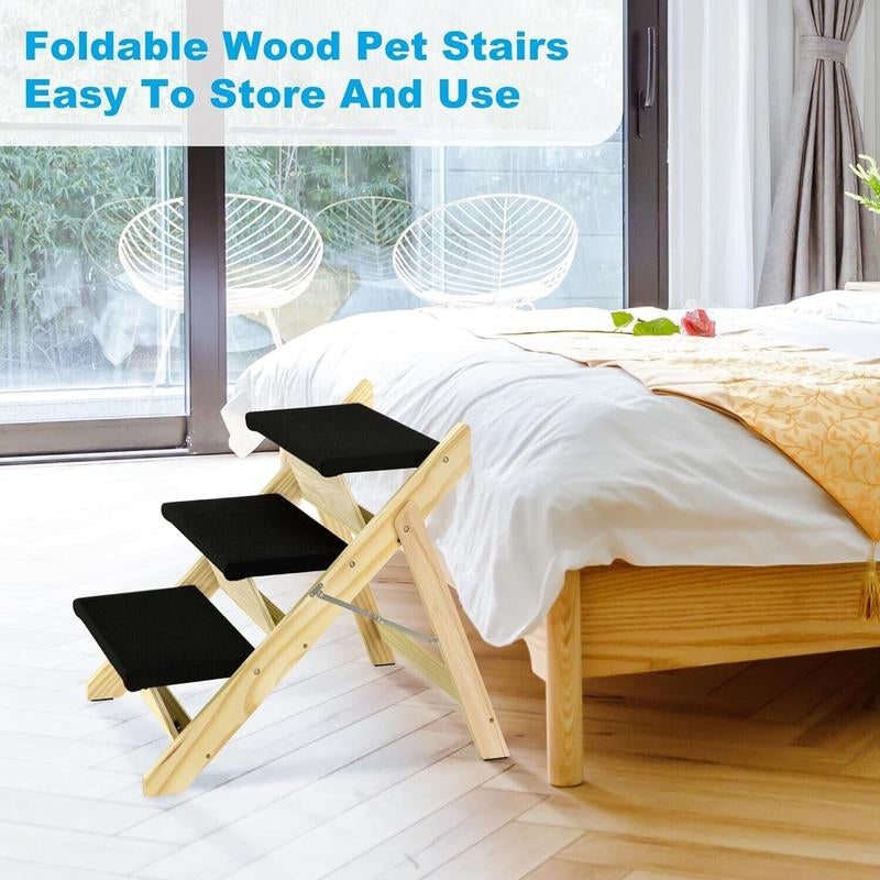 Wood Pet Stairs/Pet Steps - Foldable 3 Levels Dog Stairs & Ramp Perfect