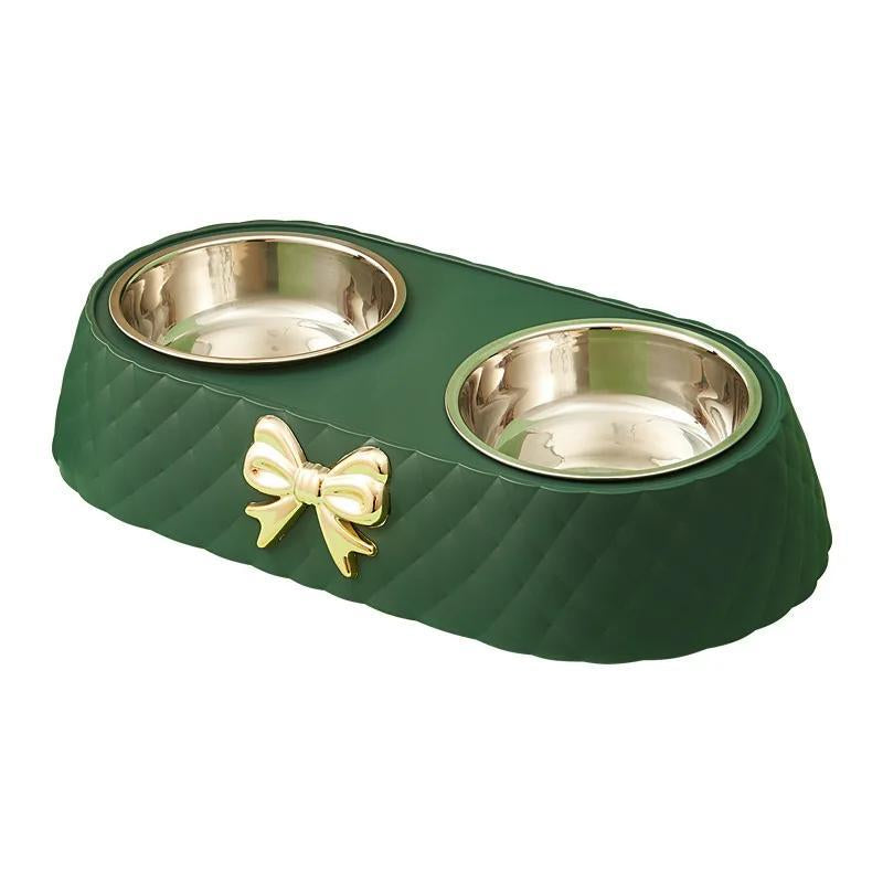 Bowknot Decor Pet Feeder Bowl, Stainless Steel Pet Feeding Double Bowl, Pet Feeding Supplies for Cats and Dogs