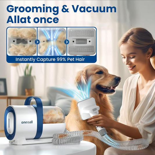 Oneisall Professional Pet Grooming Vacuum and Clipper Set with Nail Grinder, 1.5L Dust Collection Capacity, and 7 Essential Grooming Tools