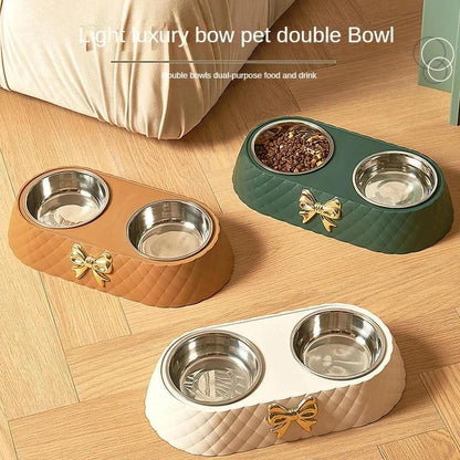 Bowknot Decor Pet Feeder Bowl, Stainless Steel Pet Feeding Double Bowl, Pet Feeding Supplies for Cats and Dogs
