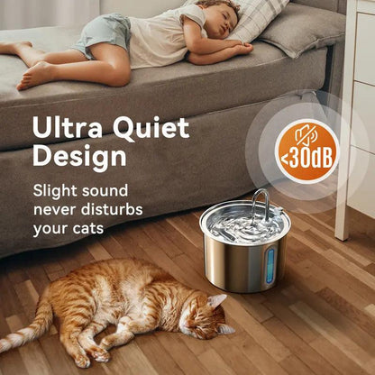 Oneisall Cat Water Fountain 304 Stainless Steel, 2L/67Oz Automatic Water Fountain for Cats Inside, 3 Replacement Filters & Visual Water Level Window with Led/Pet