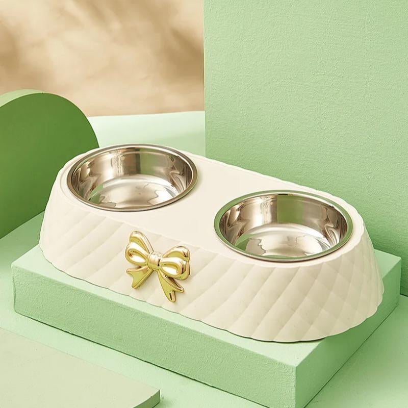Bowknot Decor Pet Feeder Bowl, Stainless Steel Pet Feeding Double Bowl, Pet Feeding Supplies for Cats and Dogs