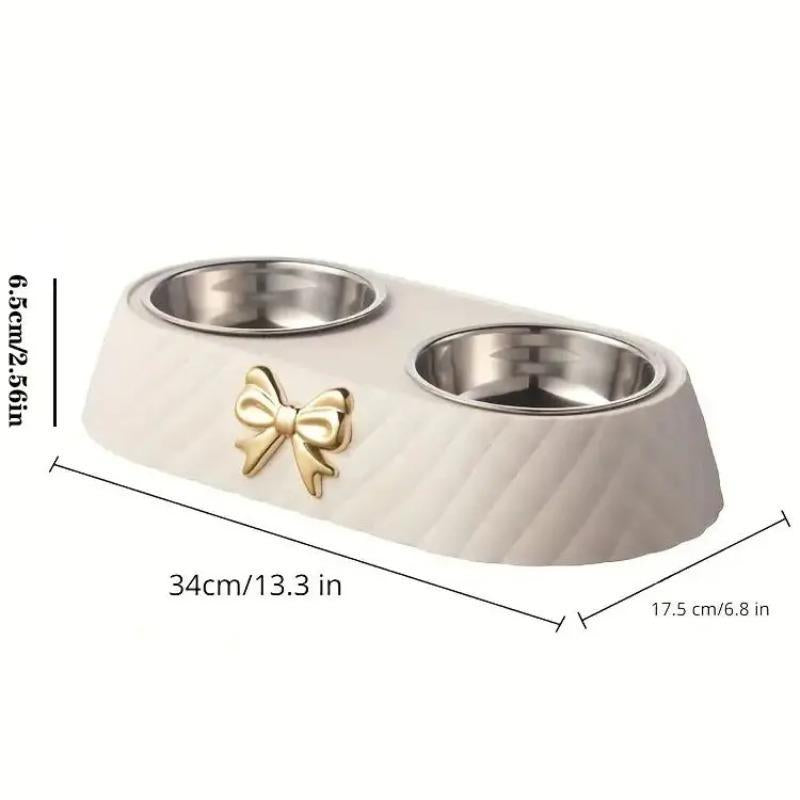 Bowknot Decor Pet Feeder Bowl, Stainless Steel Pet Feeding Double Bowl, Pet Feeding Supplies for Cats and Dogs