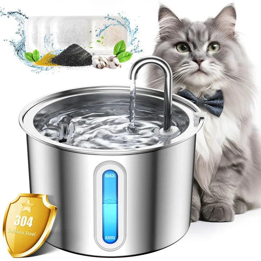 Oneisall Cat Water Fountain 304 Stainless Steel, 2L/67Oz Automatic Water Fountain for Cats Inside, 3 Replacement Filters & Visual Water Level Window with Led/Pet