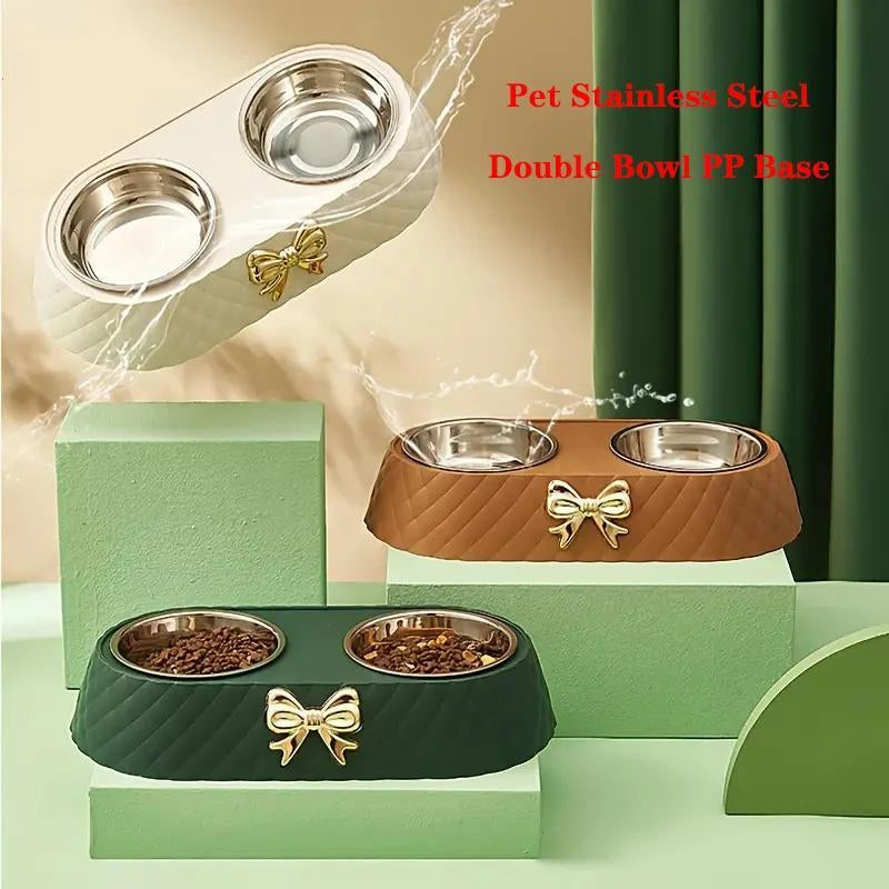 Bowknot Decor Pet Feeder Bowl, Stainless Steel Pet Feeding Double Bowl, Pet Feeding Supplies for Cats and Dogs