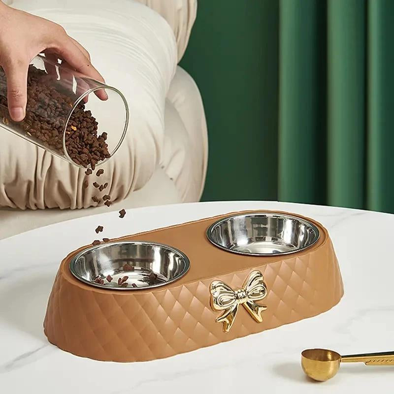 Bowknot Decor Pet Feeder Bowl, Stainless Steel Pet Feeding Double Bowl, Pet Feeding Supplies for Cats and Dogs