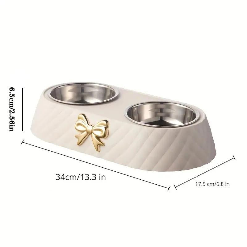 Bowknot Decor Pet Feeder Bowl, Stainless Steel Pet Feeding Double Bowl, Pet Feeding Supplies for Cats and Dogs